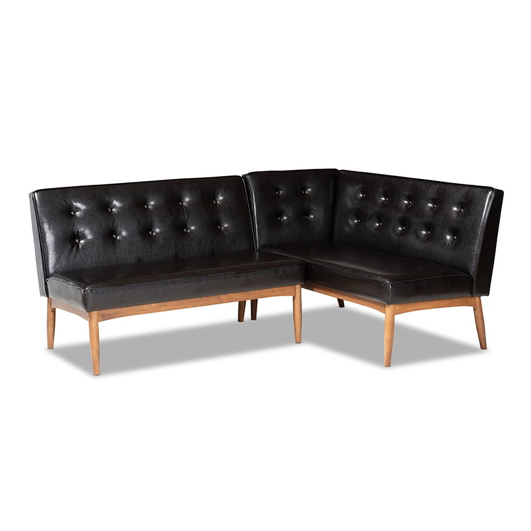 Baxton Studio Arvid Mid-Century Modern Dark Brown Faux Leather Upholstered 2-Piece Wood Dining Corner Sofa Bench