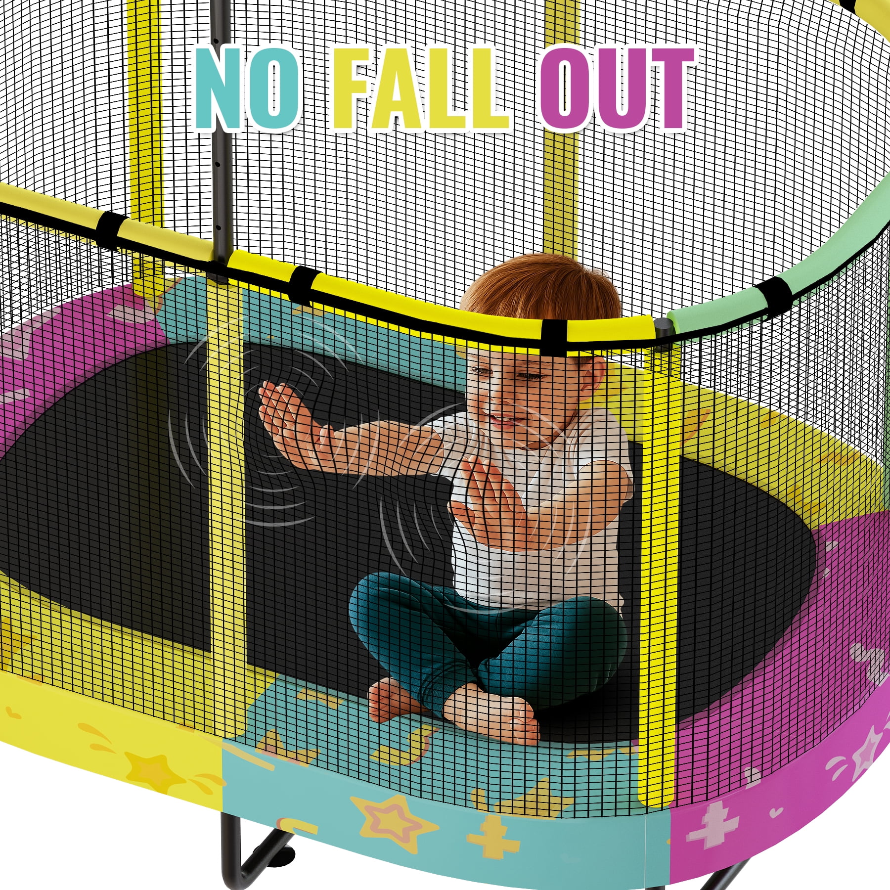 Baxluxe 60" Kids Trampoline 7-in-1, Elliptic Toddler Trampoline with Safety Enclosure Net, Height Adjustable Handrail & 500lbs Capacity, Mini Bouncer with Swing for Age 3-8, Stars