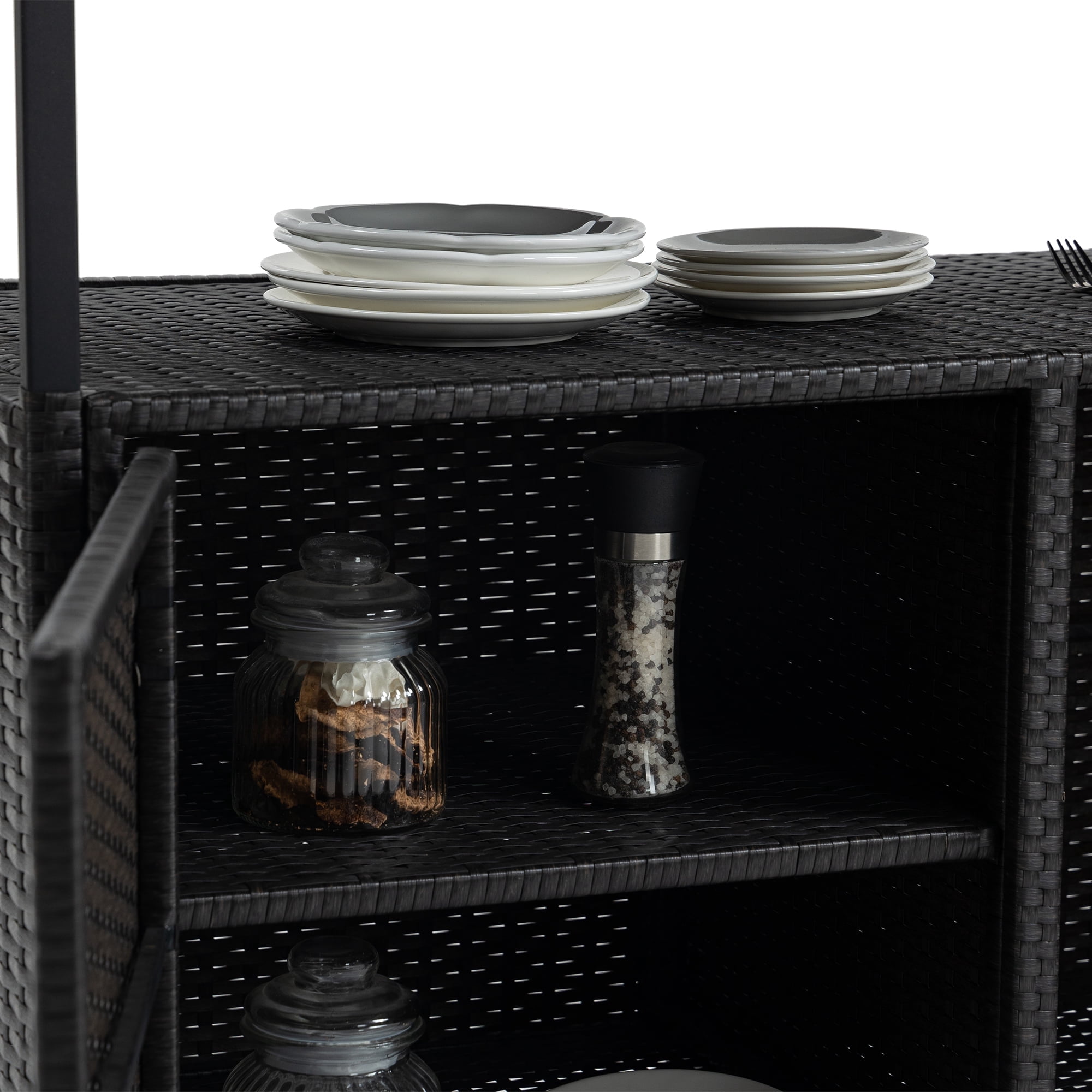 Outdoor Wicker Bar Cart with Glass Top and Wheels, Rolling Patio Wine Serving Cart for Backyard and Garden Party, Black