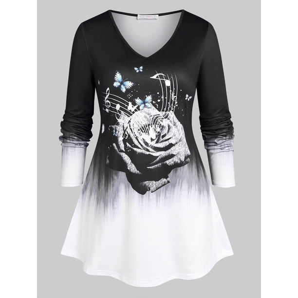 Camiseta de Talla Extra de Color Bloque con Estampado de Rosa Rosegal Mangas largas de talla grande