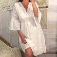thumbnail image 1 of Fankiway Mode Femmes Été Col en V Dentelle Crochet Manches 3/4 Robe Fluide Décontractée Robes Femmes Grande Taille Liquidation Robes d'Été pour Femmes Manches Courtes, 1 of 6