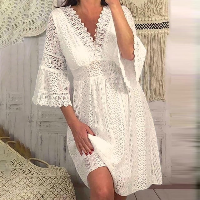 Fankiway Mode Femmes Été Col en V Dentelle Crochet Manches 3/4 Robe Fluide Décontractée Robes Femmes Grande Taille Liquidation Robes d'Été pour Femmes Manches Courtes