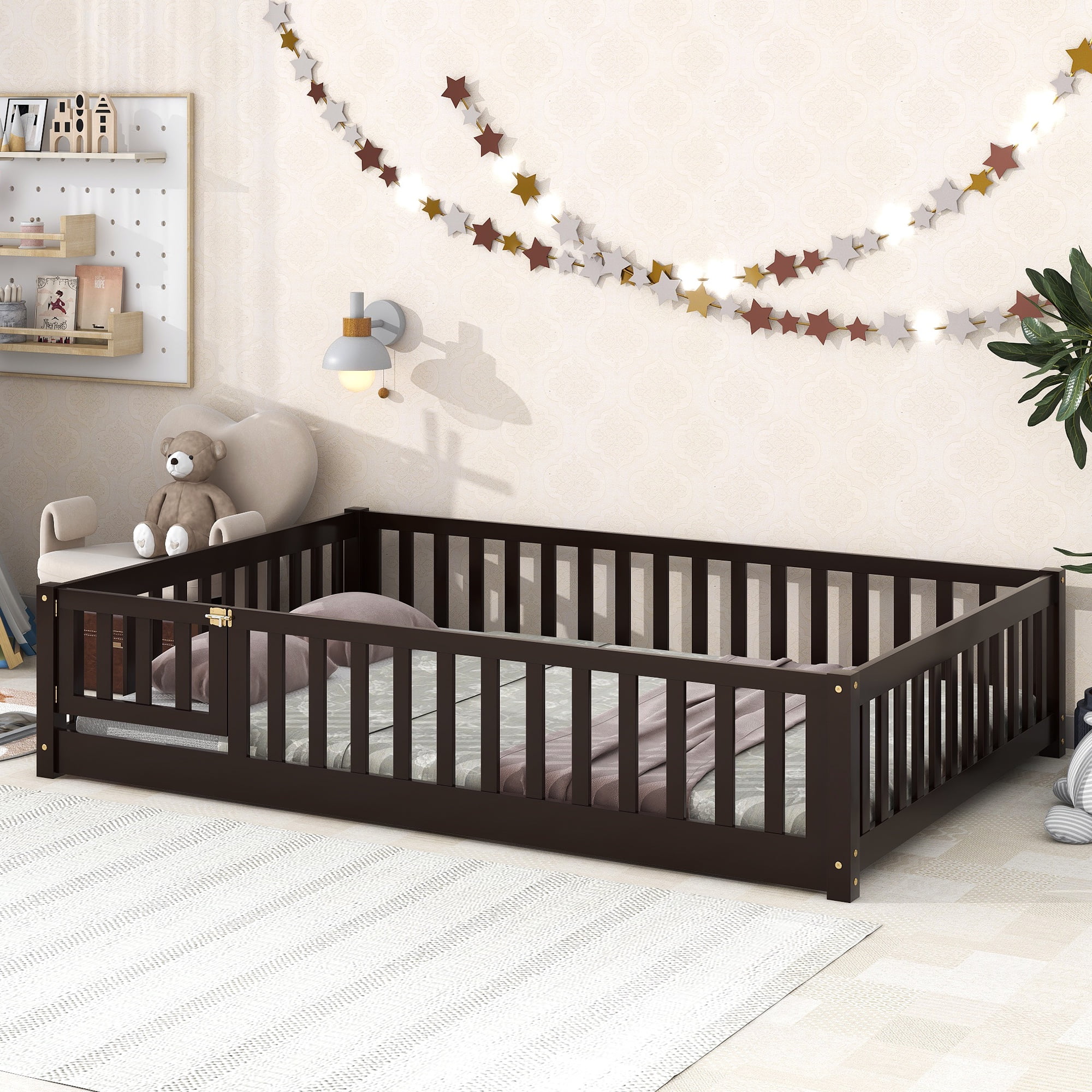 PAPROOS Full Montessor Floor Bed, Solid Wood Toddler Bed with Safety Guardrail and Door, Easy Assembly, Low-to-Floor Bed Frame with Slats for Kids, Espresso