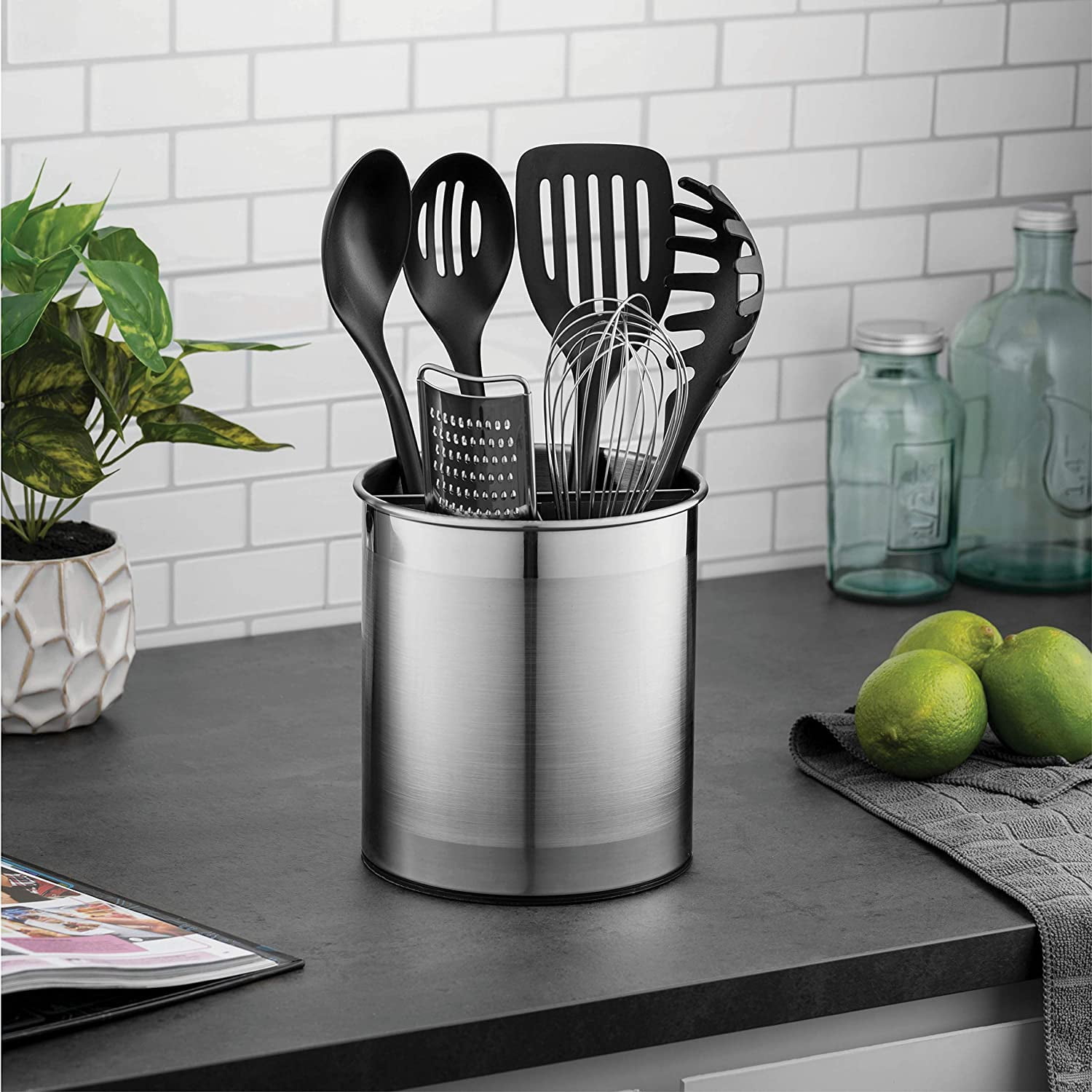 Extra-Large Stainless Steel Kitchen Utensil Holder - 360° Rotating Utensil Caddy - Weighted Base for Stability - Utensil Crock With Removable Divider ...