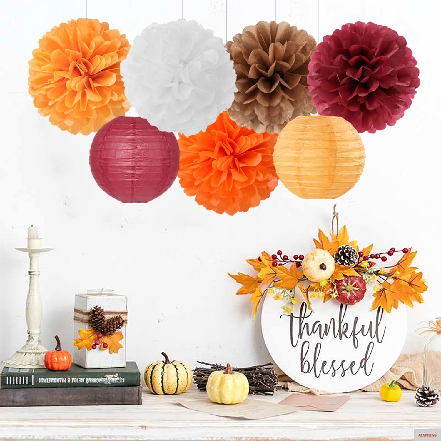 NestE-Brown Burgundy-Orange Party-Decorations Paper-Flowers Lanterns - 15PCS Fall Boho Tissue Pom Poms Streamers,Baby Bridal Shower Rustic Wedding Neutral Birthday Coffee Halloween ThanksgivingDecor