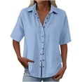 thumbnail image 7 of Stamzod Button Down Shirts for Women Short Sleeve Summer Tops Cotton Linen Dressy Casual Work Blouse with Pocket Light Blue XL, 7 of 7