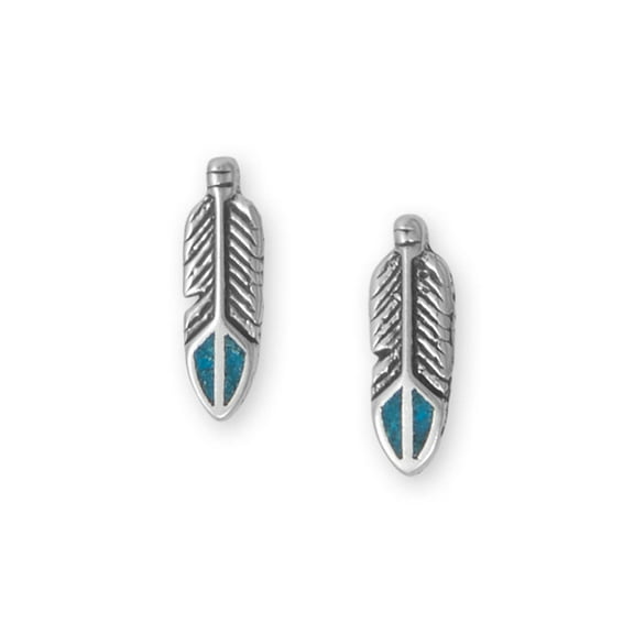 Oxidized Sterling Silver Turquoise Chip Inlay Feather Stud Earrings