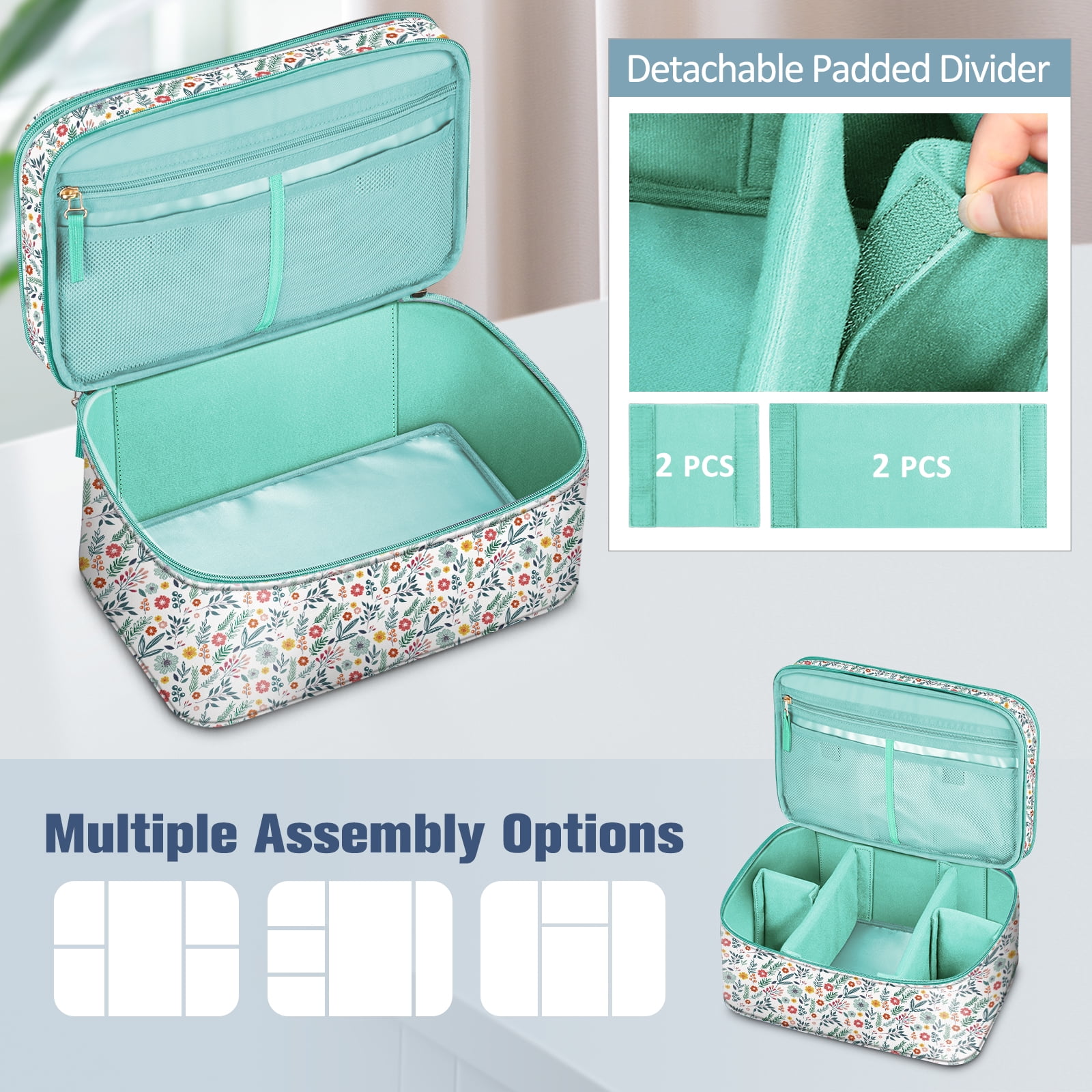 FINPAC Sewing Accessories Storage and Organizer Case, Double-Layer Sewing Kits Carrying Bag with Wrist Pin Cushion for Threads, Needles, Embroidery Floss Supplies, Felting Kits，Spring Bloom