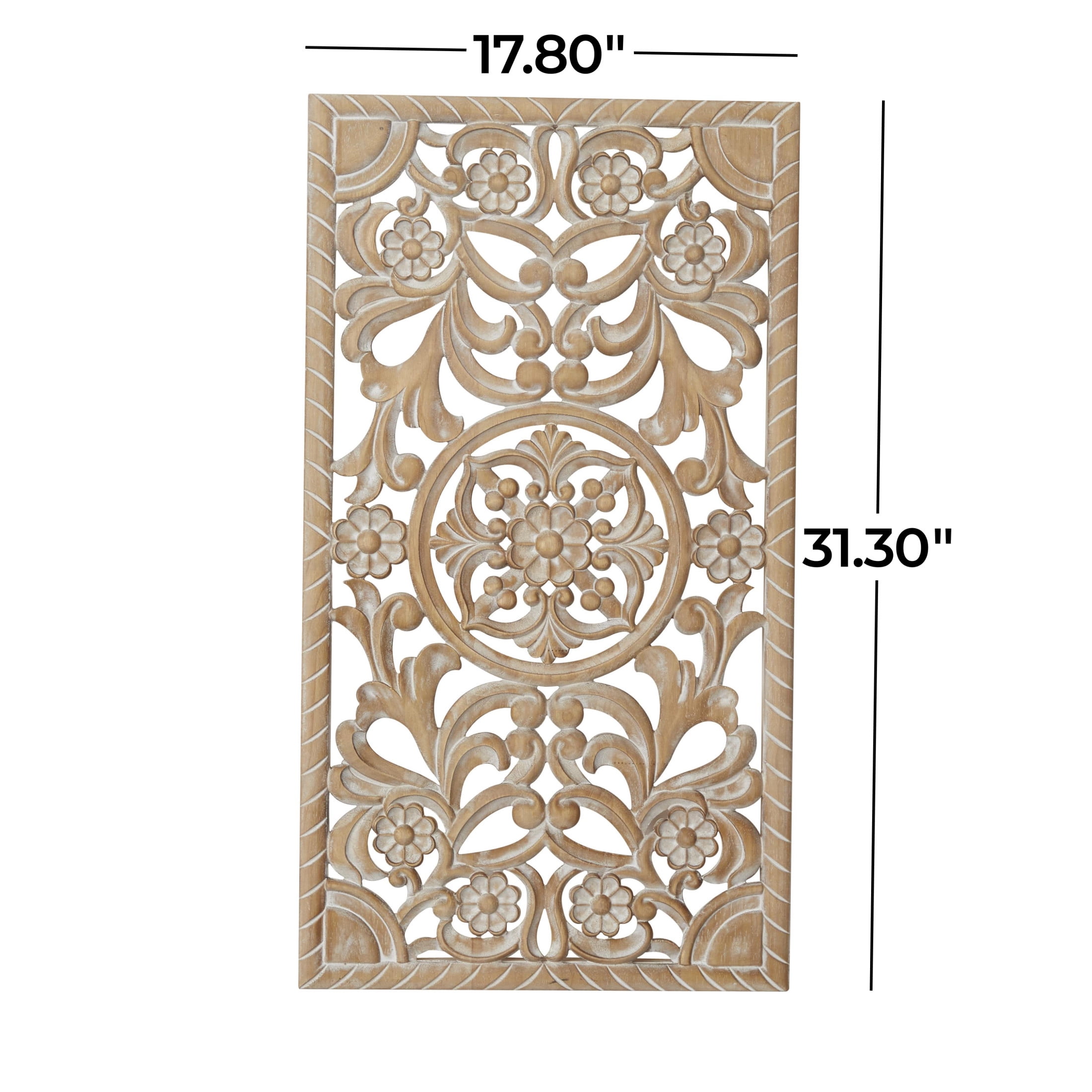 DecMode Brown Wood Handmade Intricately Carved Floral Wall Decor