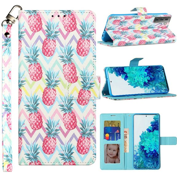 For Samsung Galaxy S21 S30 Design Wallet Id Money Card Holder Case Cover - Pineapple Zigzag