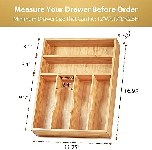 Kitchen Drawer Organizer, 12 Inch Silverware Utensil Tray Holder, Extra Deep, with Non-Slip Feet & Grooved Drawer Divider, 6 Slots Total Bamboo Wood Caddy for Flatware Cutlery Knives