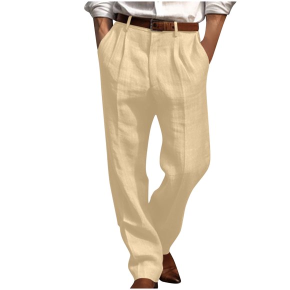 Men's Wide Leg Pants Button Loose Casual Long Pant Double Pleated Front Comfortable Outdoor Trousers with Pockets Beige L