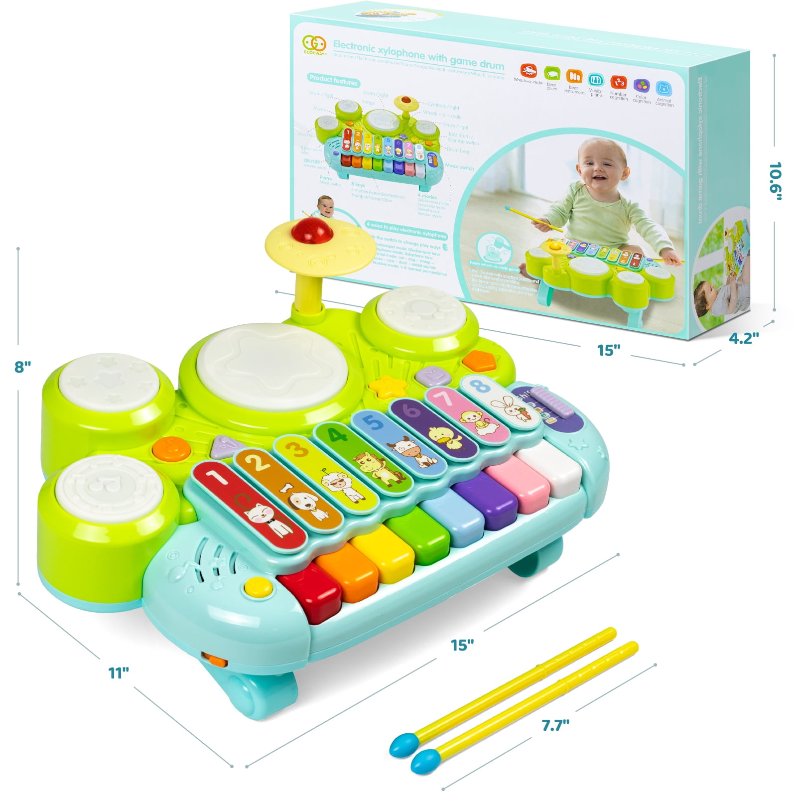 Marstone Musical Toys for Toddlers 1-3, Baby Piano Keyboard for 1 Year Old Girls Boys Toys, Xylophone Toddlers Drum Set Music Toys with Lights, Early Educational Learning Toy Gifts