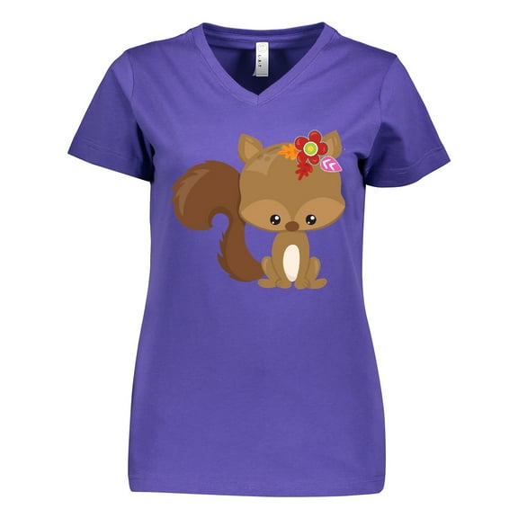 Inktastic Cute Squirrel, Squirrel With Flowers, Fluffy Tail Women's V-Neck T-Shirt
