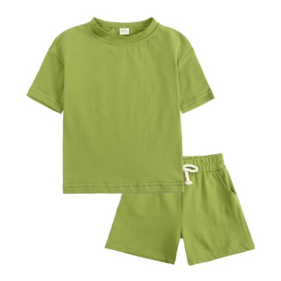 Boys Outfit Sets Solid Color Loose Fit Short Sleeve Outdoor Clothes,Green,110