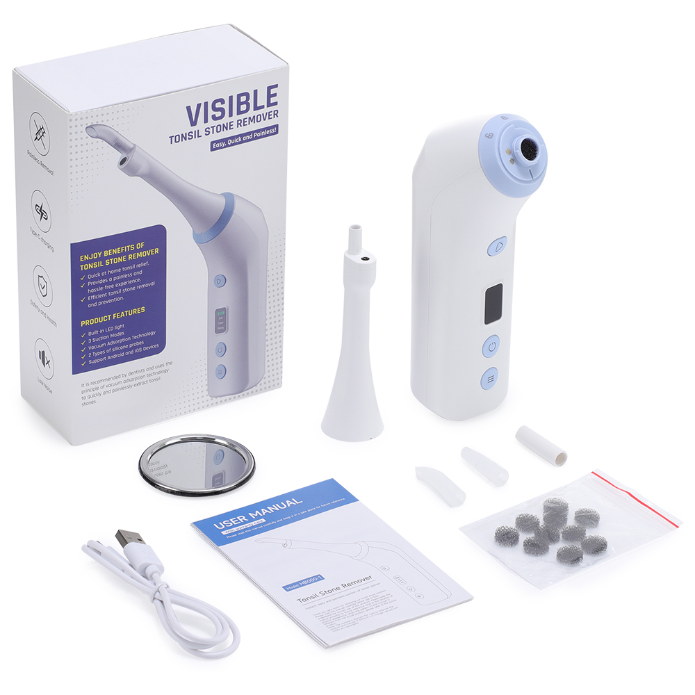 ROMYSE Electronic Tonsil Stone Removal Kit,300K HD Camera Built-in LED Light lectronic Tonsil Stone Vacuum with 3 Heads Tonsil Stone Syringe 3 Suction Modes Oral Care for Health,White