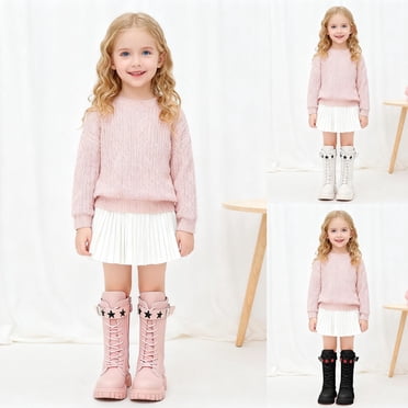 RTKFRFLM Girls High Top Princess Boots Fashionable Star Decor Boots with Belt Buckle White 5-5.5 Years