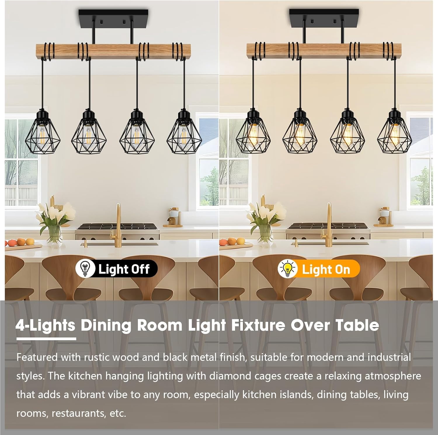 4-Lights Farmhouse Wood Kitchen Island Lighting Dining Room Light Fixtures Chandelier over Table Rustic Black Cage Pendant Lights Ceiling Hanging for Pool Table, Living Room, Hallway