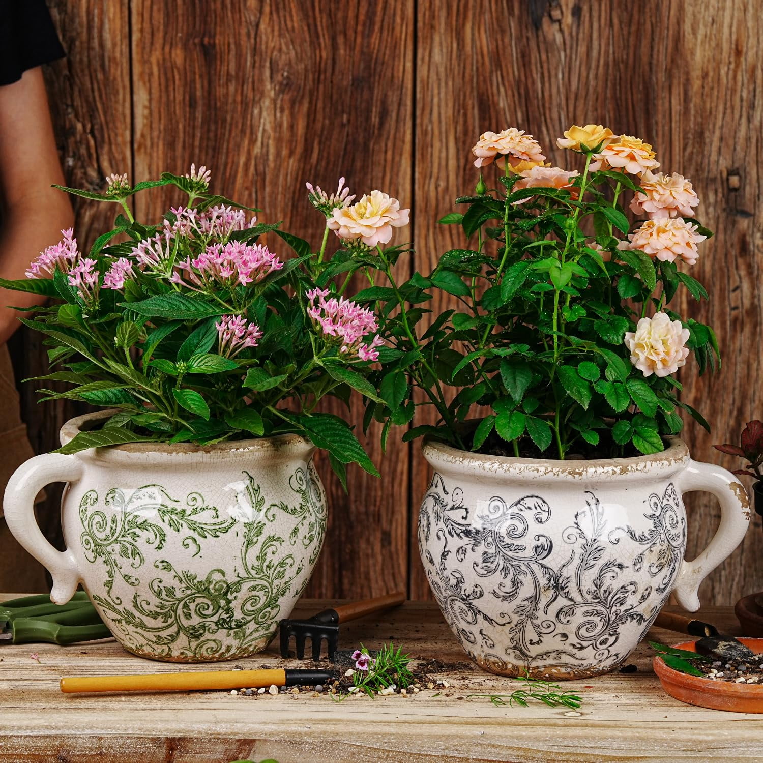 Sungmor Set of 2 Vintage Ceramic Planters with Handle - Rustic Crackle Glaze Flower Pots with Scroll Design, Drainage Hole Indoor Outdoor Decorative Plant Containers, Tuscan Decor Pots