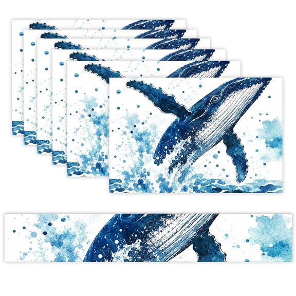 7 Piece Linen Table Runner and Placemats Set, Whale Breaching Splash Round Corner Heat Resistant Washable Table Mats for Home Kitchen Dining Party Decoration