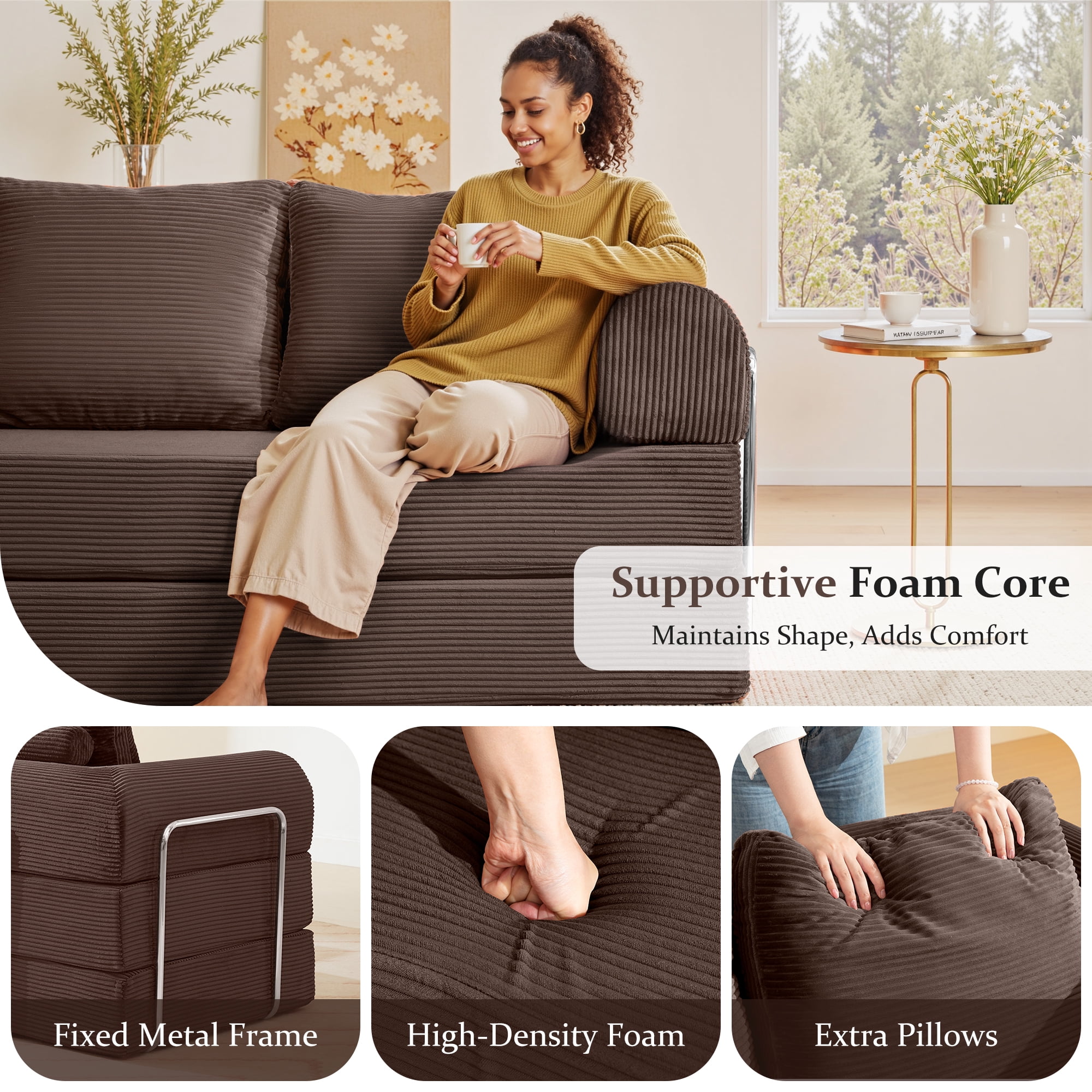 COOLHUT 63" W Convertible Sofa Bed, Foam Floor Sofa, Folding Sleeper Sofa Couch Bed with Six Frame, High Rebound Density Sofa, Corduroy Sofa Couch Bed for Living Room, Bedroom, Coffee