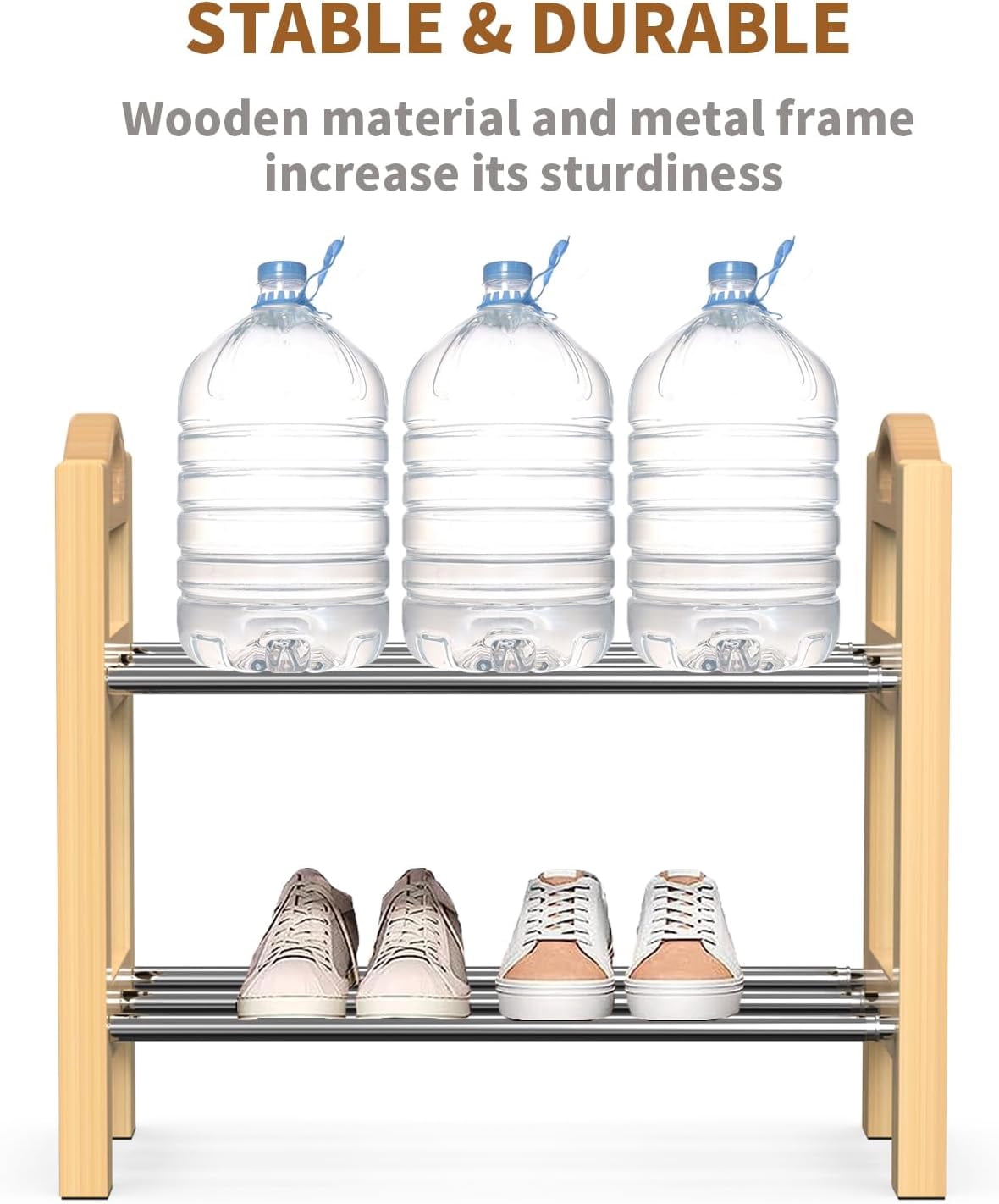THENNIKIGO Rectangular Shoe Rack Made of Logs Shoe Rack-01 Adult 2-Tier Expandable Freestanding Shoe Rack, Brown, Holds up to 10-Pairs of Shoes