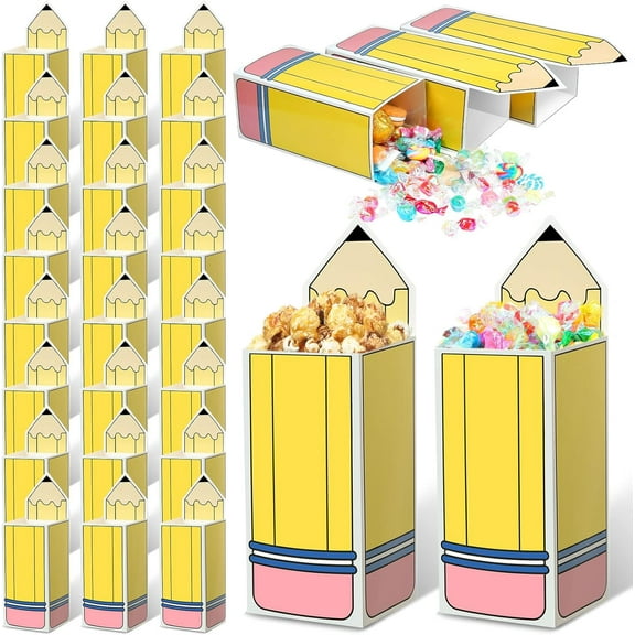 50 Pcs Pencil Gift Boxes Back to School Candy Popcorn Holders Bulk Pencil Shaped Bags School Party Favors Welcome Classroom Decorations Treat Boxes Gifts for Teacher Students
