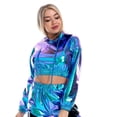 thumbnail image 4 of IBTOM CASTLE Women's Shiny Crop Top Hoodie Metallic Rave Casual Long Sleeve Hooded Pullover Workout Sweatshirt Disco Dance Clubwear XXL Holographic Blue, 4 of 8