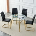 thumbnail image 2 of Table and chair set. Round dining table, glass tabletop with a diameter of 40 inches, and gold-plated metal legs, paired with 4 black PU cushions and a dining chair with gold-plated metal feet. DT1164, 2 of 13