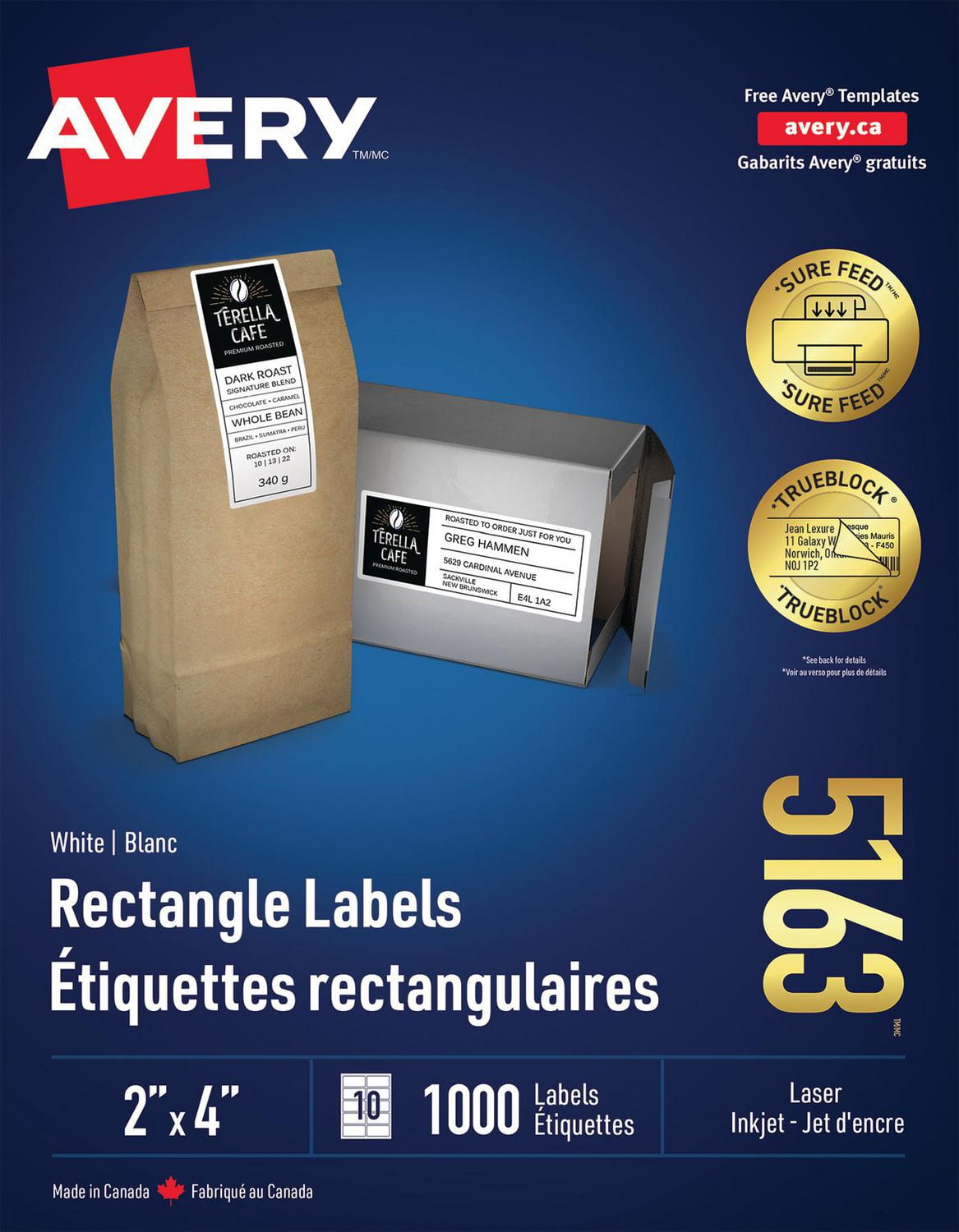 Avery® White Rectangle Labels with Sure Feed™ Technology TrueBlock®, 2" x 4", Permanent Adhesive, for Laser and Inkjet Printers - 5163