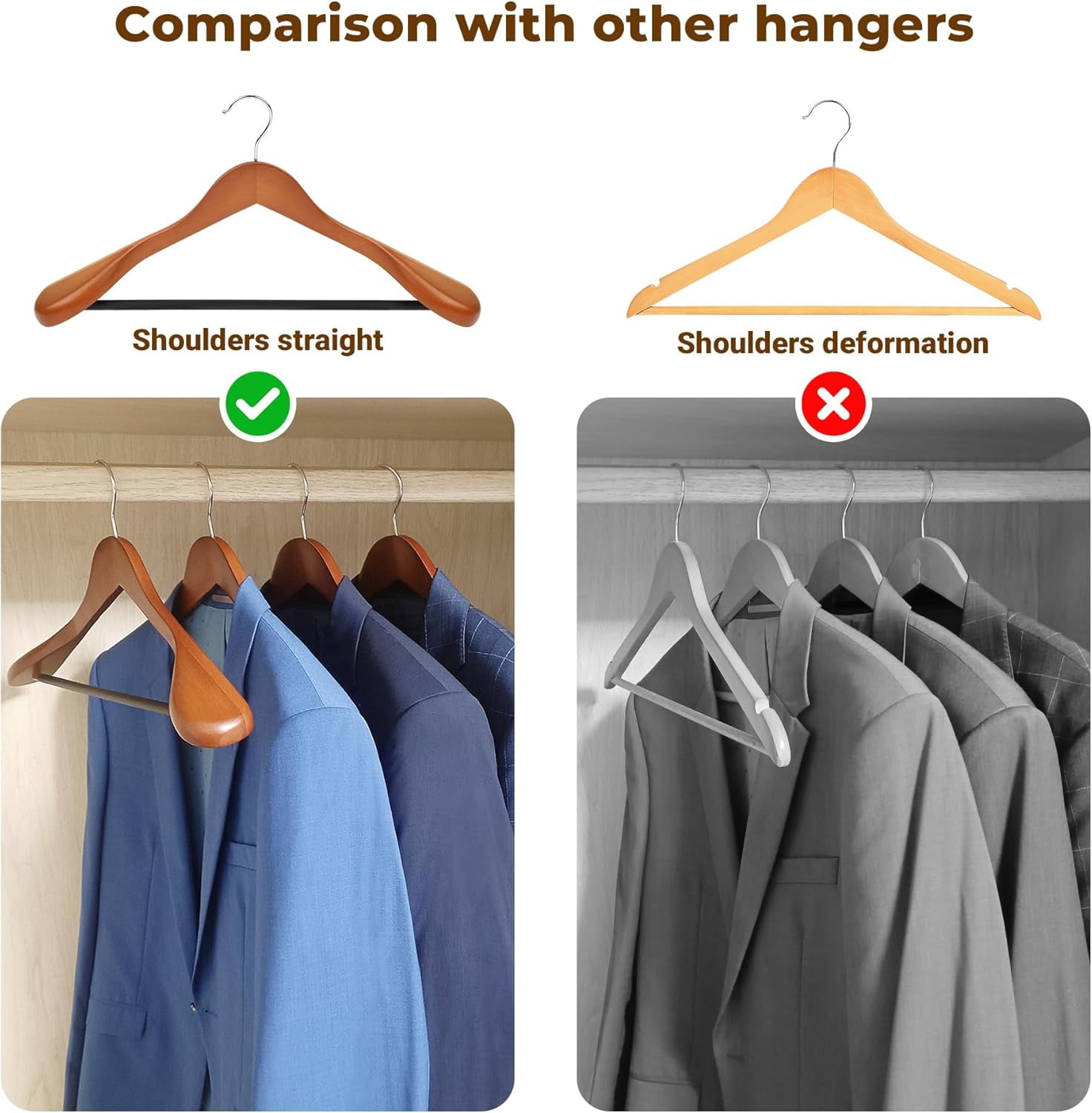 Coat Hanger 8-Pack,  Wood Hangers Trouser Hangers Extra Wide Shoulder Wooden Hangers for Heavy Coat, Sweater, Skirt, Suit, Pants, Retro Finish