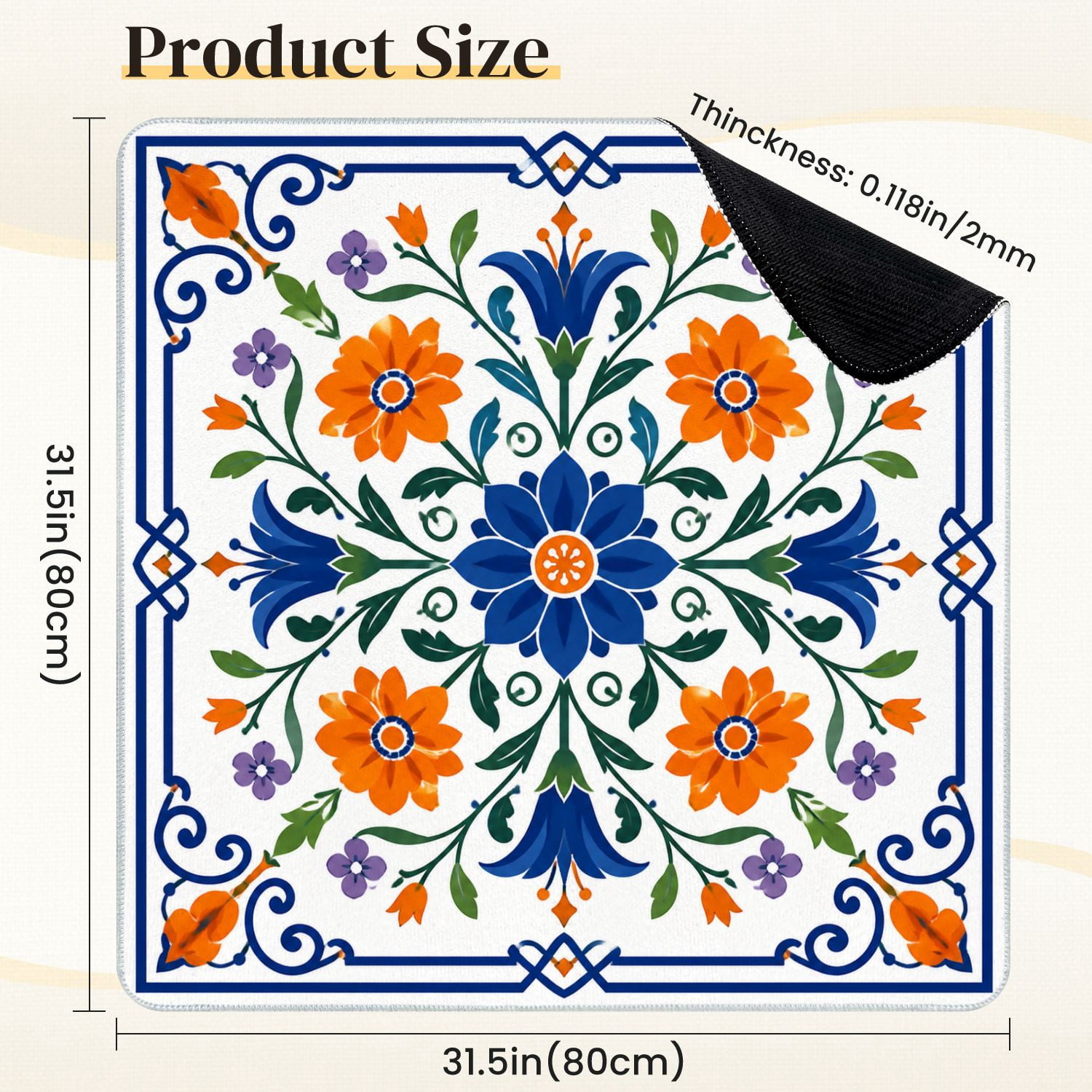 Mahjong Mat 31.5" x 31.5" Floral Geometric Blue Orange Purple Flowers Symmetrical Non-Slip Noise Reduction Mahjong Tiles Table Cover for Dominoes Poker Card Board and Tile Games