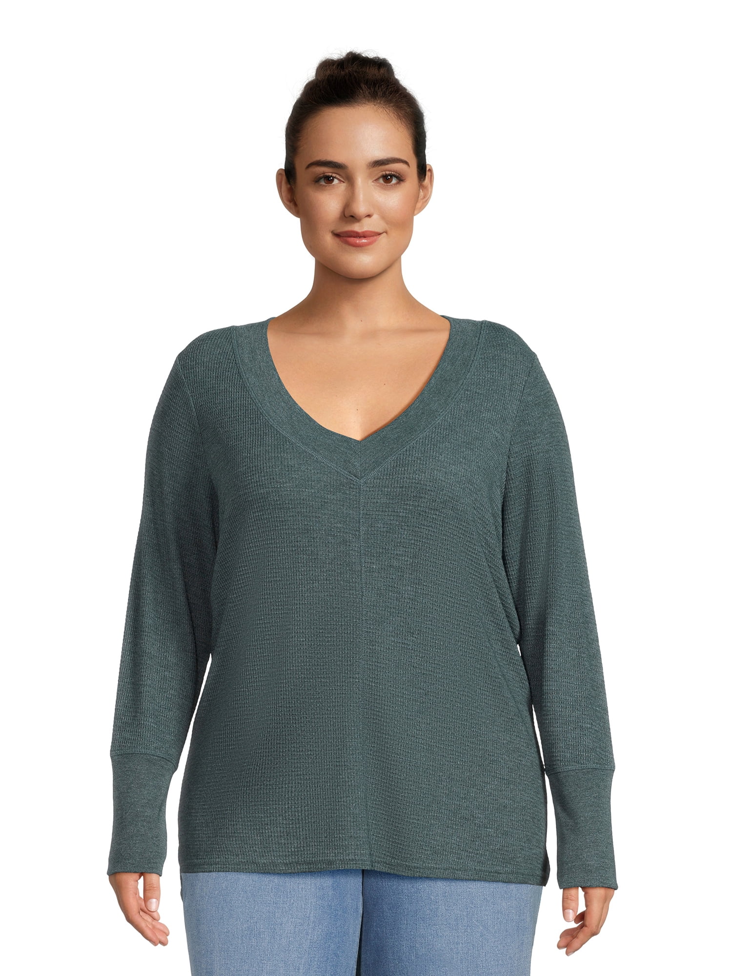 Terra & Sky Women’s Plus Size Waffle V-Neck Tee, 2-Pack