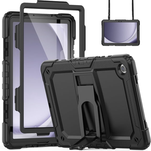 Dteck Case for Samsung Galaxy Tab A9 Plus Case 11" 2023 (SM-X210/X216/X218), Heavy Duty Shockproof Protective Case with Screen Protector, Built-in Stand, Shoulder Strap,Black