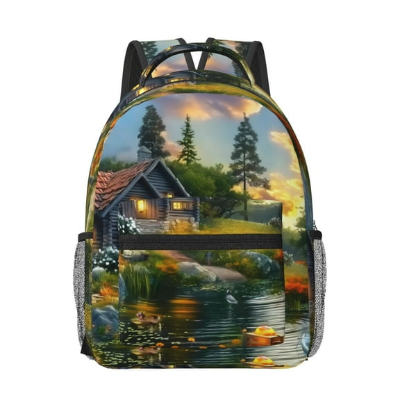 Uemuo Cozy Cottage Lakeside Sunset Printed Student Durable Water-resistant Backpack,Travel Backpack,Outdoor Activities Backpack, Laptop Backpack, Multi-compartment Backpack