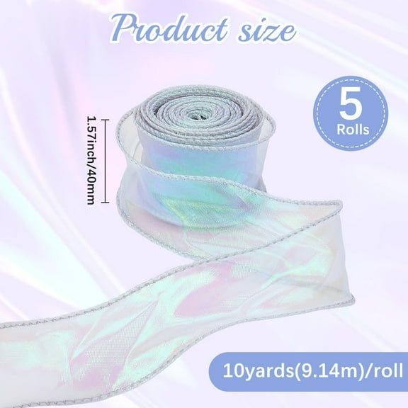 5 Rolls 50 Yards 1.57 Inch Blue Sheer Ribbon Organza Laser Shimmer Iridescent Fishtail Yarn Transparent Glitter Chiffon Ribbon for Sewing Making Gift Wrapping Diy Christmas Tree Decor Supply