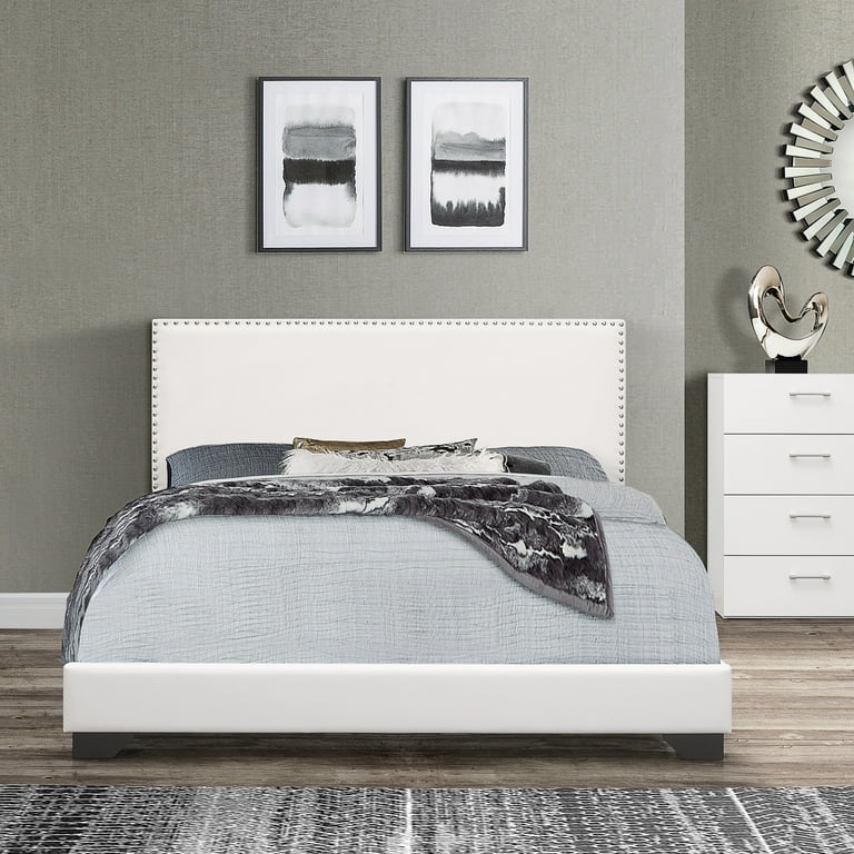 Willow Nailhead Trim Upholstered Queen Bed White Faux Leather
