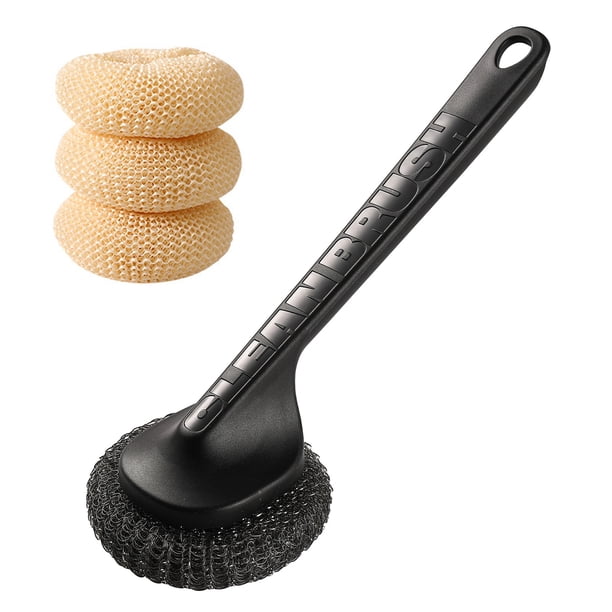 Cepillo para ollas con cabezal de bola de acero, agarre antideslizante, orificio para colgar, mango largo, fregador de platos, herramienta de limpieza de cocina