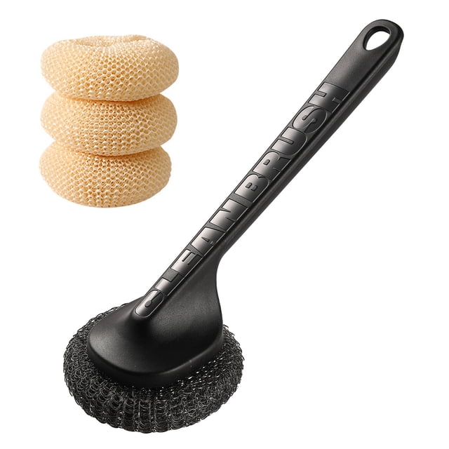 Cepillo para ollas con cabezal de bola de acero, agarre antideslizante, orificio para colgar, mango largo, fregador de platos, herramienta de limpieza de cocina