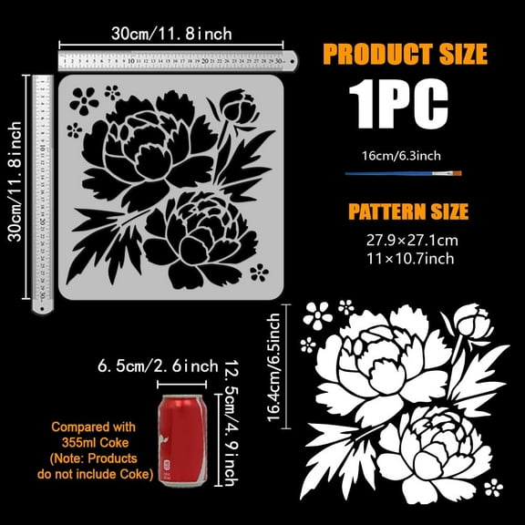 1 pc Peony Flowers Stencil with Brush 11.8x11.8inch Large Flower Leaf Template Reusable Flower Blossom Stencil Plant Peony Template Spring Theme Stencil for Painting on Wood Canvas Fabric