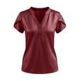 thumbnail image 4 of CYMMPU Women's Summer Solid Color Satin Button V Neck Top, Casual Short Sleeve Lightweight Elegant Blouse for Women Wine XXL, 4 of 6