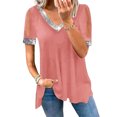 thumbnail image 1 of Camiseta informal de verano con empalme de tela brillante y manga corta con cuello en V y hombros descubiertos para mujer, 1 of 5