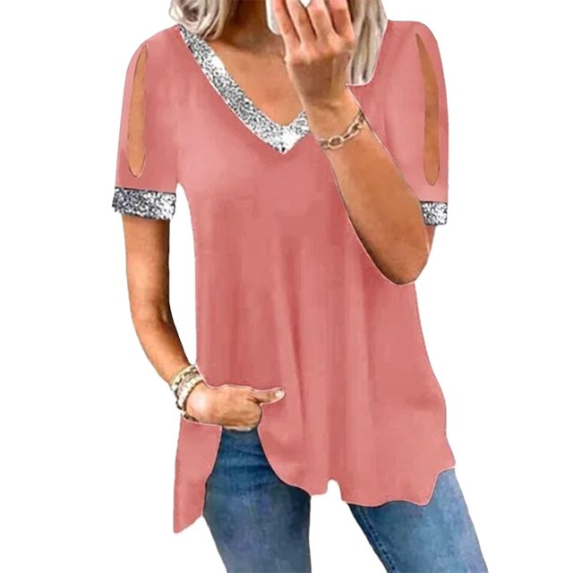 Camiseta informal de verano con empalme de tela brillante y manga corta con cuello en V y hombros descubiertos para mujer