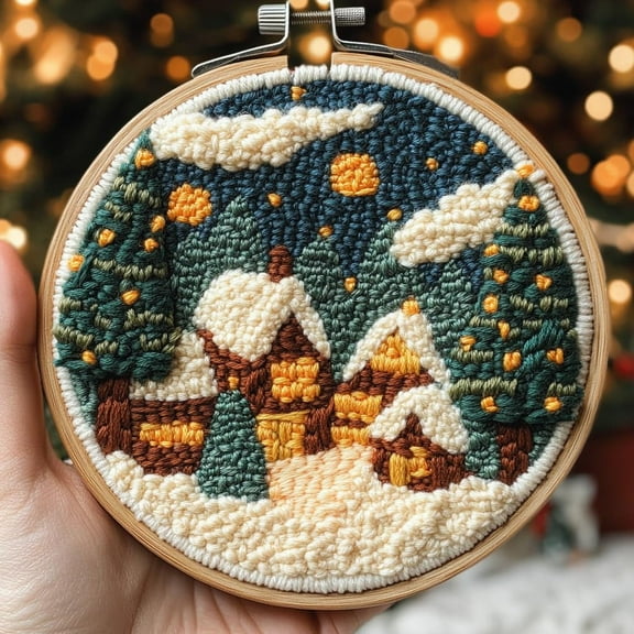 Punch Needle kits Merry Christmas Scenery Easy for Beginners DIY Punch Needle Yarn Starter Embroidery Set for Craft Lovers with Printed Pattern and Hoop for Home Decor 20x20cm-2