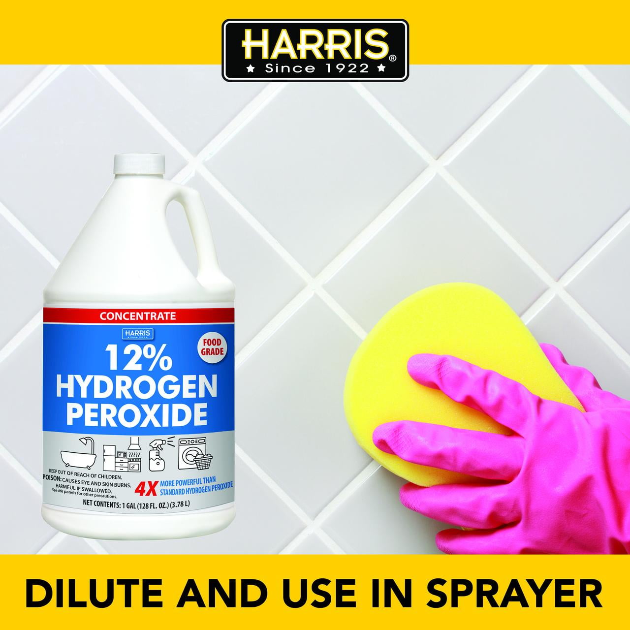 HARRIS 12% Concentrated Hydrogen Peroxide, 128oz, for Kitchen, Bath, Laundry, Home and Garden with Easy Fill Funnel