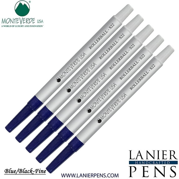 Lanier Combo Pack - 5 Pack - Monteverde Rollerball S22 Paste Ink Refill Compatible with most Sheaffer Style Rollerball Pens - BlueBlack (Fine Tip 0.6mm)