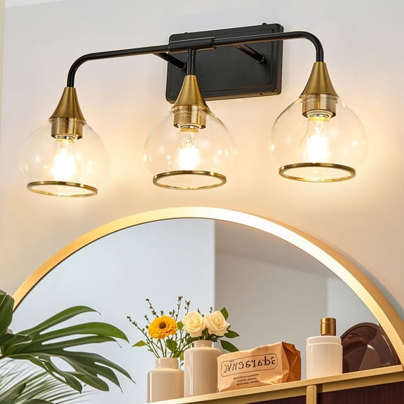 GCGAFUL 23 in. 3-Light Black and Gold Bathroom Vanity Light with Clear Glass Shade, Modern Wall Sconce for Mirror, Vanity, and Living Spaces