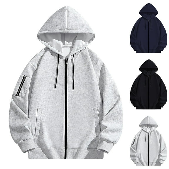 Miluxas Men's velvet hooded sweater with full zipper design, outdoor casual cardigan sweater Gray