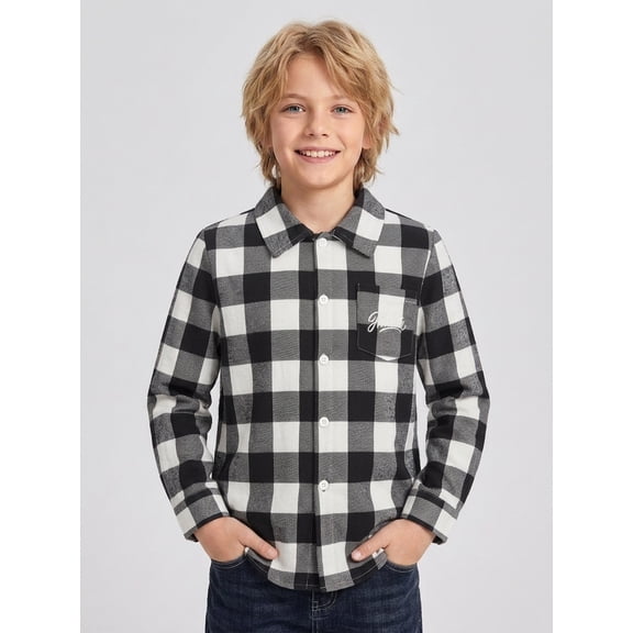 PureChapter Boys Button Down Shirt Plaid Long Sleeve Shirt with Letter Embroidery, Casual Boys Shirts for 7-15 Years