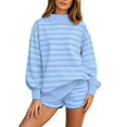 thumbnail image 2 of VOUZZA Womens Mock Neck Sweatshirt Striped 2 Piece Matching Set Long Sleeve Drop Shoulder Top And Shorts Ribbed Trim Relaxed Lounge Outfit, 2 of 6
